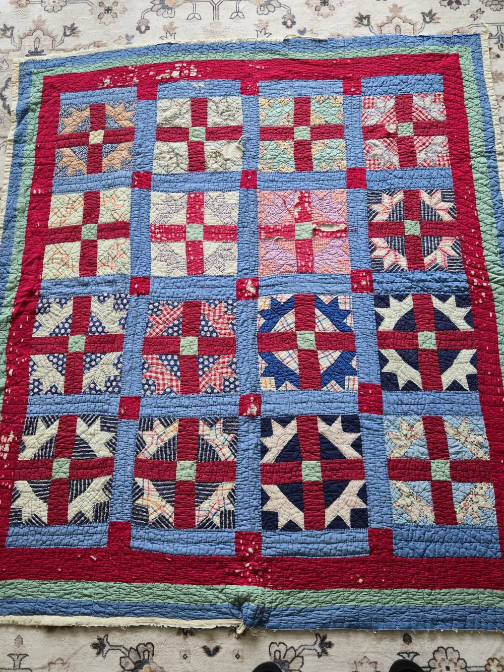 Vintage 1930s-40s Feedsack Churn Dash Cutter Quilt